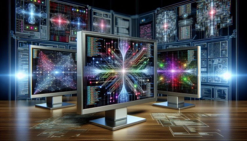 Illustrate the concept of machine learning with an array of monitors displaying algorithms 9