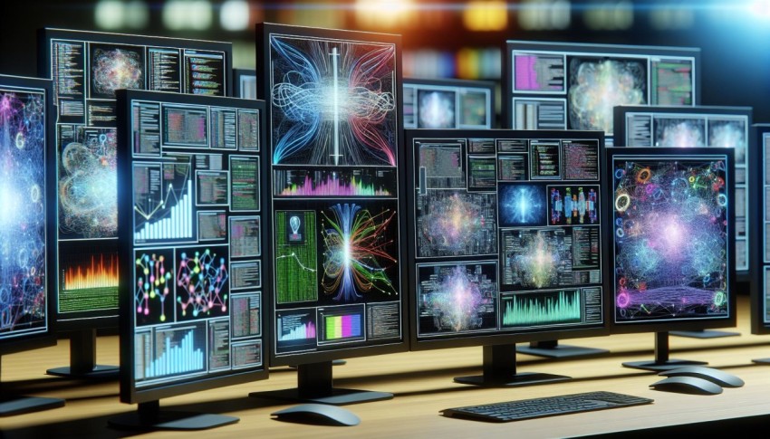 Illustrate the concept of machine learning with an array of monitors displaying algorithms 8
