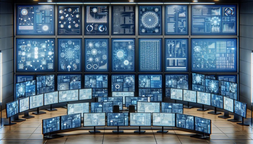 Illustrate the concept of machine learning with an array of monitors displaying algorithms 4