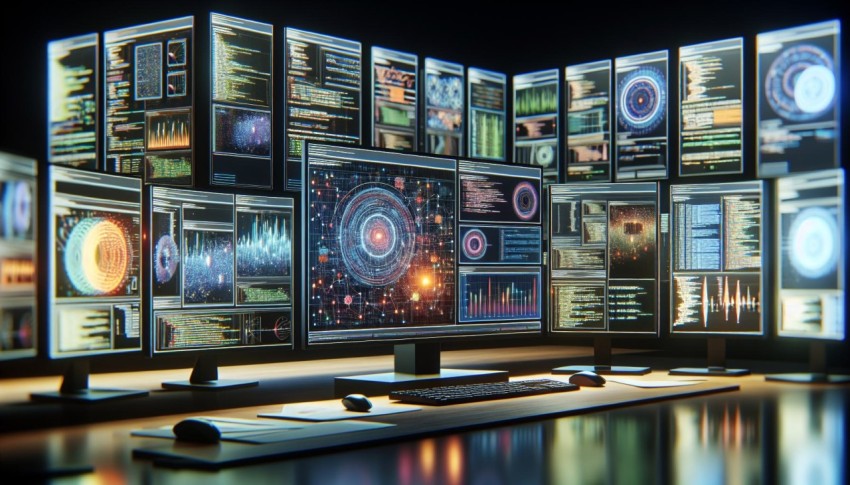 Illustrate the concept of machine learning with an array of monitors displaying algorithms 3