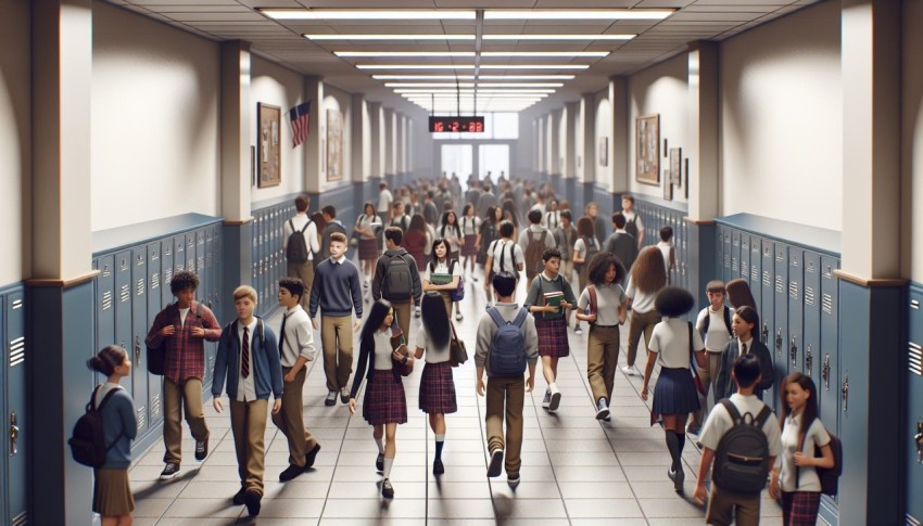 Photograph a bustling school hallway during class change 7