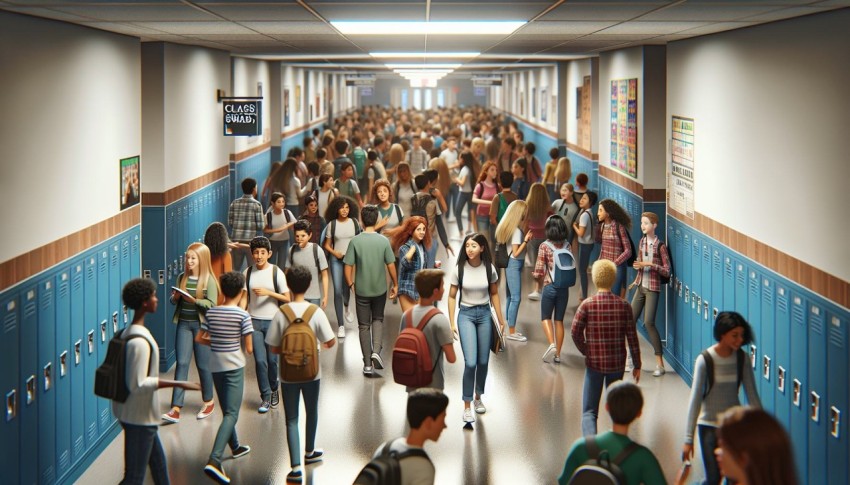 Photograph a bustling school hallway during class change 6