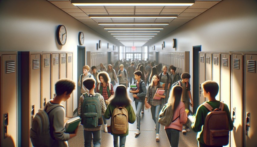 Photograph a bustling school hallway during class change 4