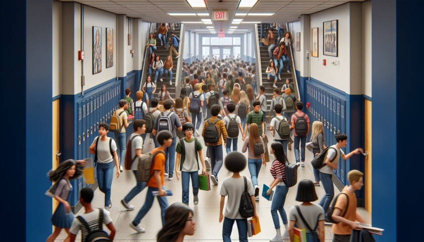 Photograph a bustling school hallway during class change 3