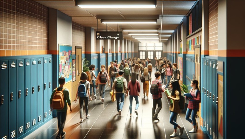 Photograph a bustling school hallway during class change 2