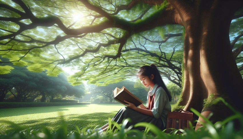 Take a picture of a child reading a book under a tree 9