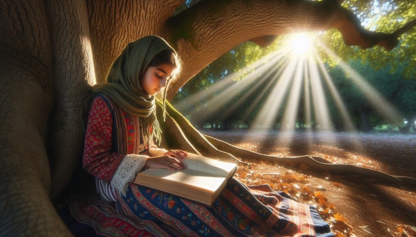 Take a picture of a child reading a book under a tree 8