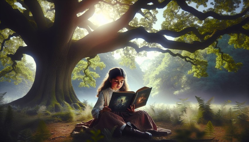 Take a picture of a child reading a book under a tree 7