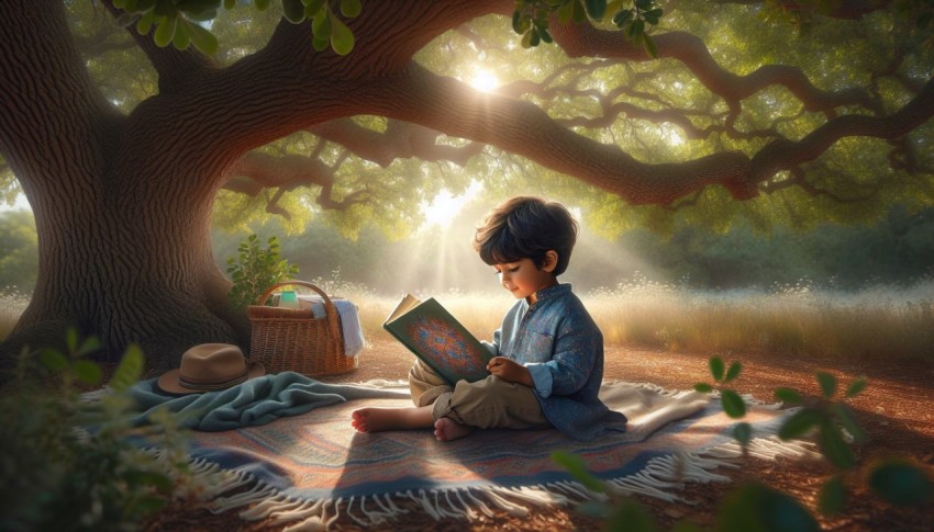 Take a picture of a child reading a book under a tree 6