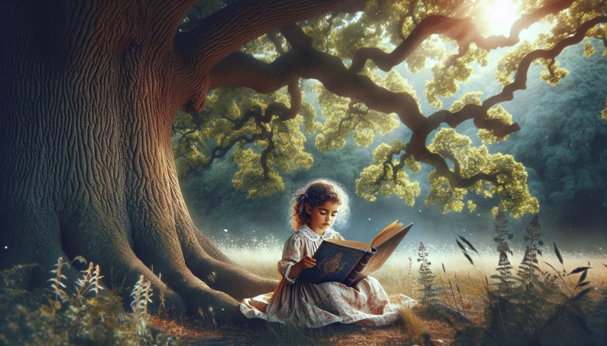 Take a picture of a child reading a book under a tree 5