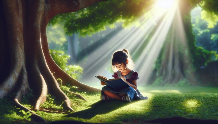 Take a picture of a child reading a book under a tree 4