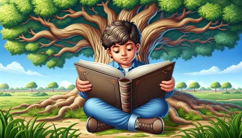 Take a picture of a child reading a book under a tree 3