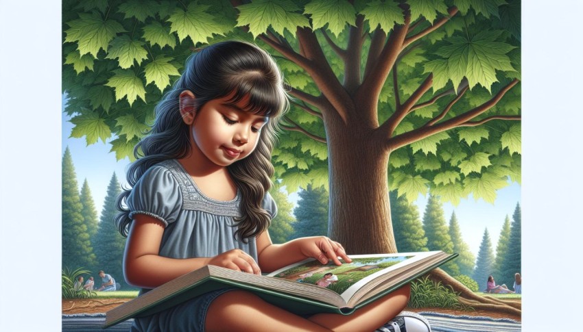 Take a picture of a child reading a book under a tree 2