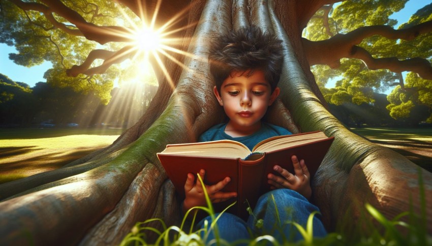 Take a picture of a child reading a book under a tree 1