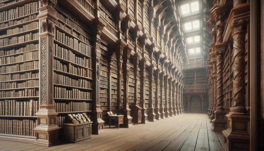 Snap an image of an ancient library's vast bookshelves 10