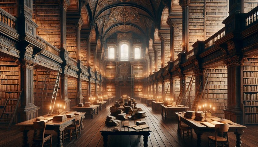 Snap an image of an ancient library's vast bookshelves 9