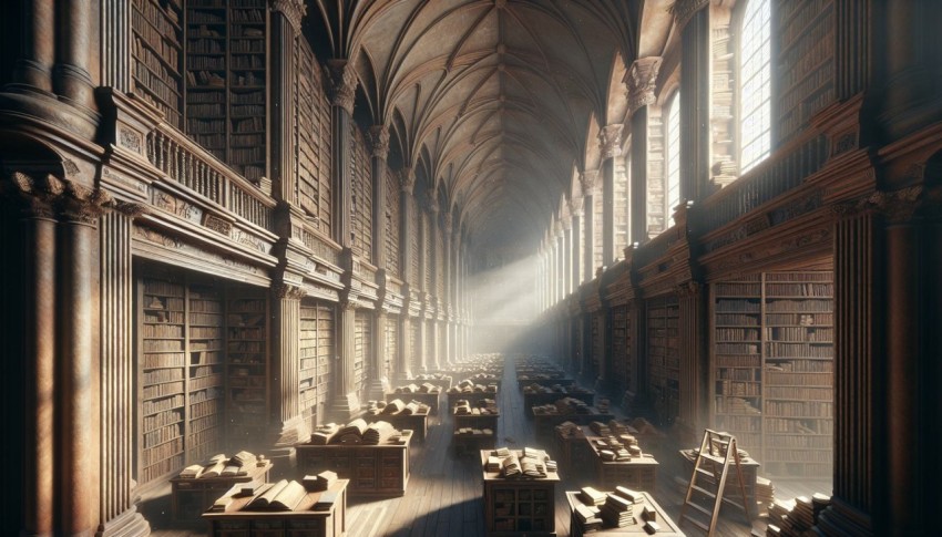 Snap an image of an ancient library's vast bookshelves 8