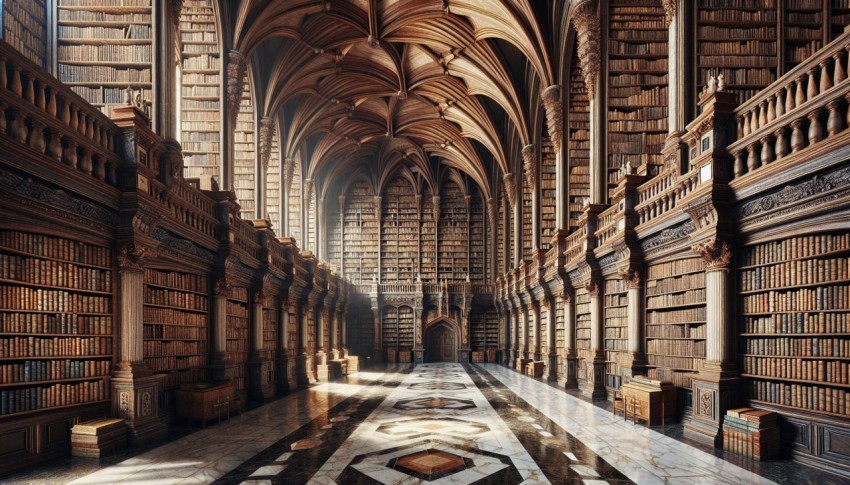 Snap an image of an ancient library's vast bookshelves 7