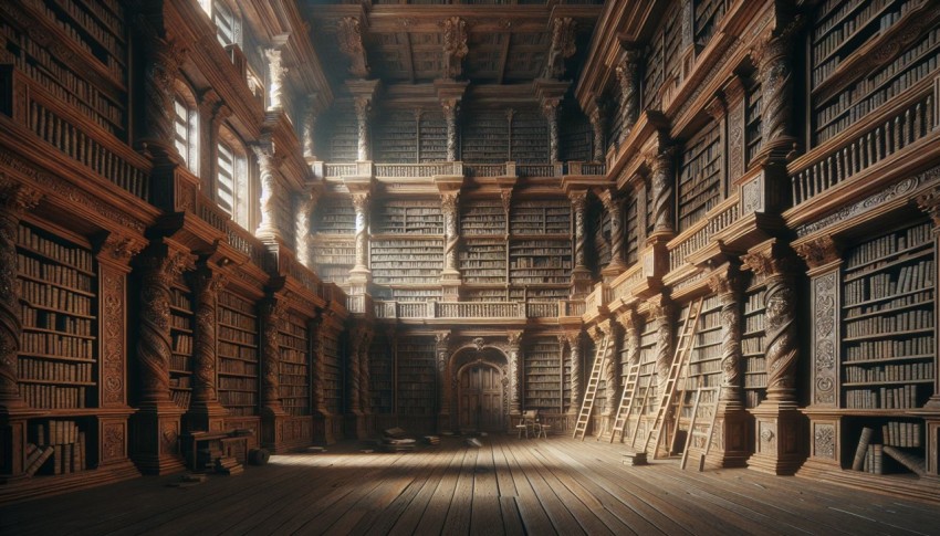 Snap an image of an ancient library's vast bookshelves 6