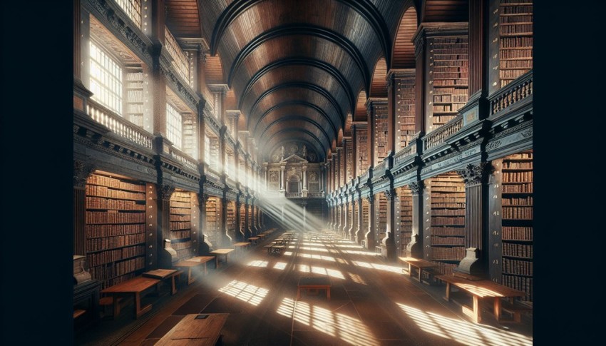 Snap an image of an ancient library's vast bookshelves 4