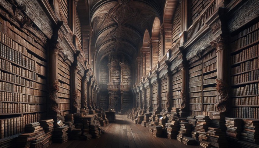 Snap an image of an ancient library's vast bookshelves 1