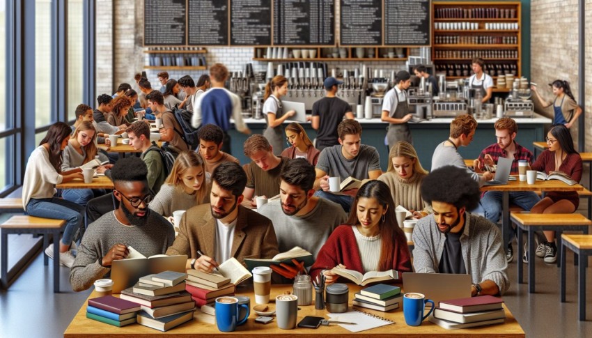 Photograph a group study session in a college caf 9