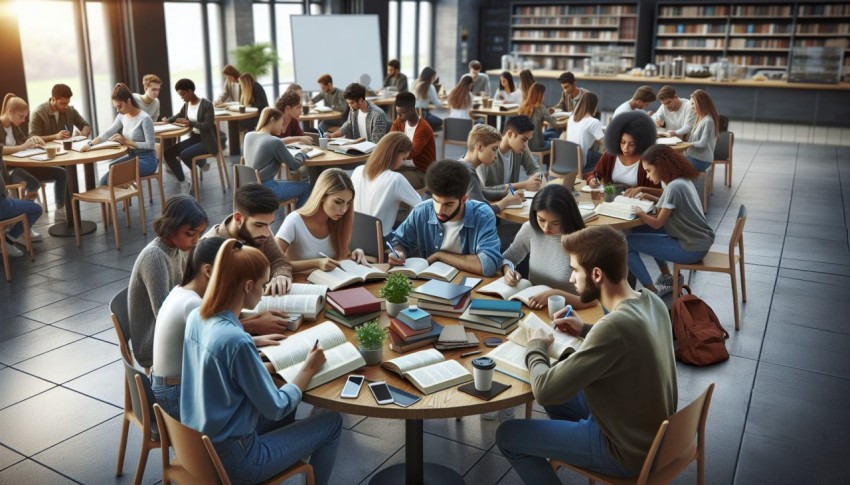 Photograph a group study session in a college caf 7