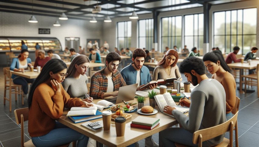 Photograph a group study session in a college caf 4