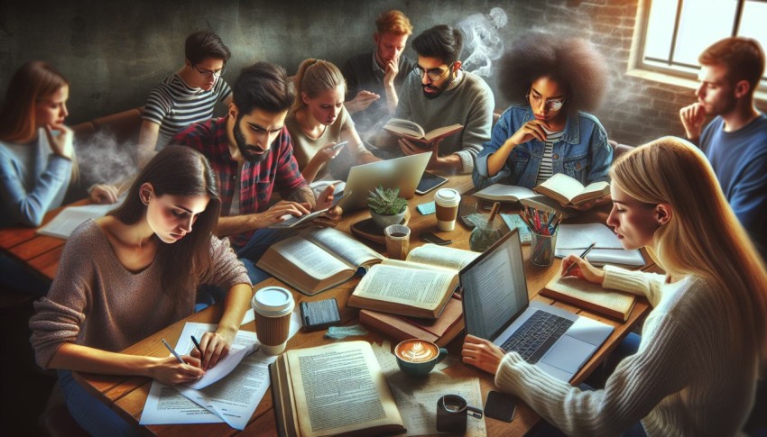 Photograph a group study session in a college caf 1