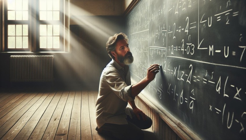 Take a photo of a math teacher solving problems on a blackboard  20