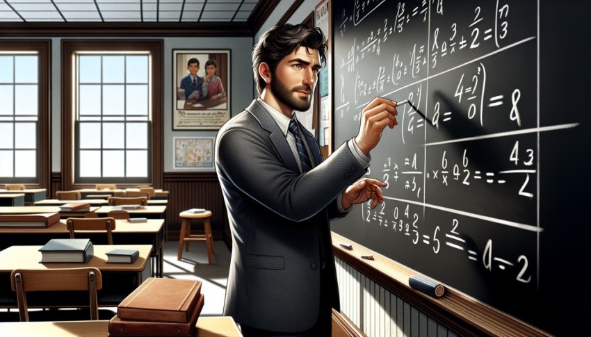 Take a photo of a math teacher solving problems on a blackboard  19