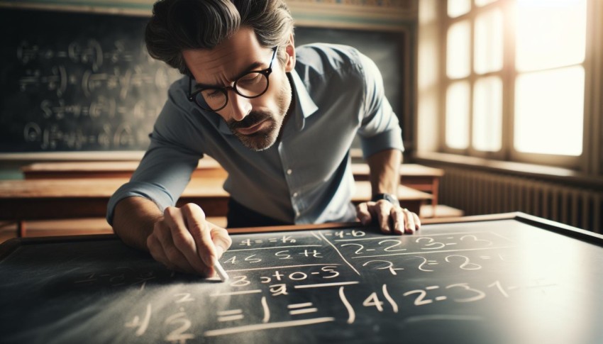 Take a photo of a math teacher solving problems on a blackboard  18