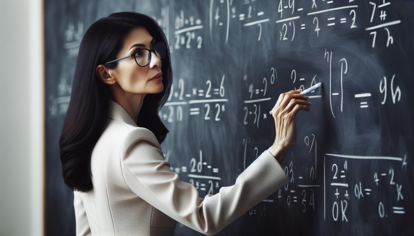 Take a photo of a math teacher solving problems on a blackboard  17