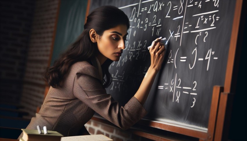 Take a photo of a math teacher solving problems on a blackboard  16