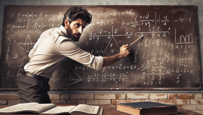 Take a photo of a math teacher solving problems on a blackboard  15