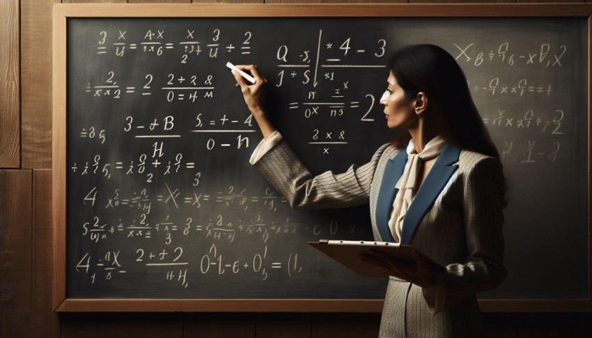 Take a photo of a math teacher solving problems on a blackboard  14