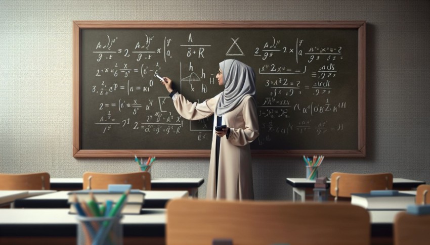 Take a photo of a math teacher solving problems on a blackboard  13