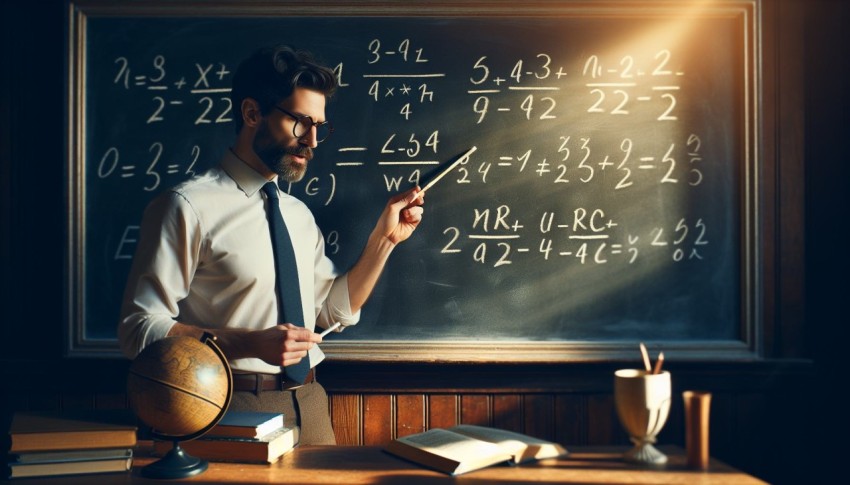 Take a photo of a math teacher solving problems on a blackboard  11