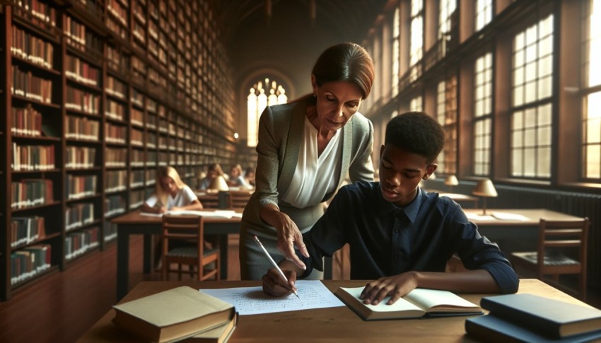 Photograph a tutor assisting a student with homework in a library 10