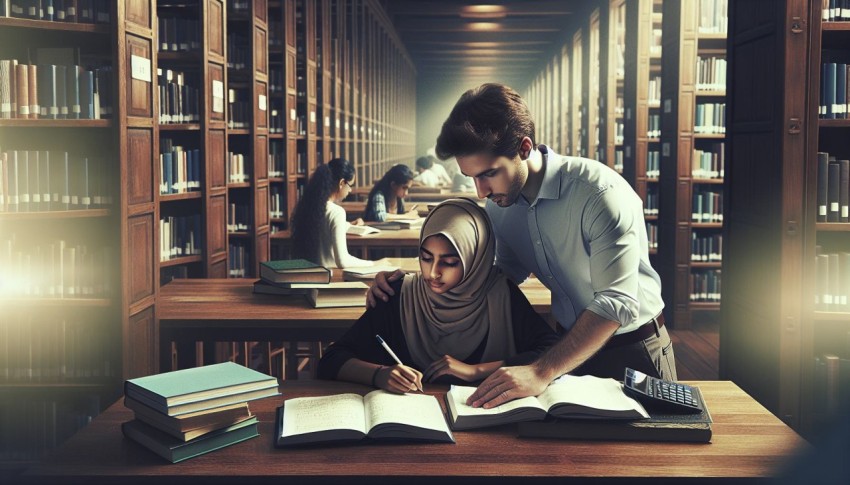 Photograph a tutor assisting a student with homework in a library 9