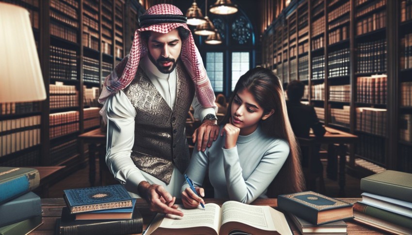 Photograph a tutor assisting a student with homework in a library 8