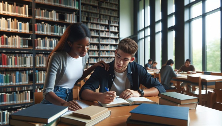 Photograph a tutor assisting a student with homework in a library 7