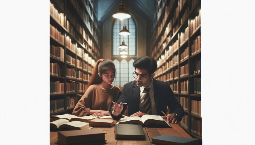 Photograph a tutor assisting a student with homework in a library 6