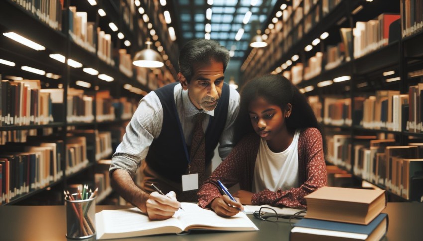 Photograph a tutor assisting a student with homework in a library 4