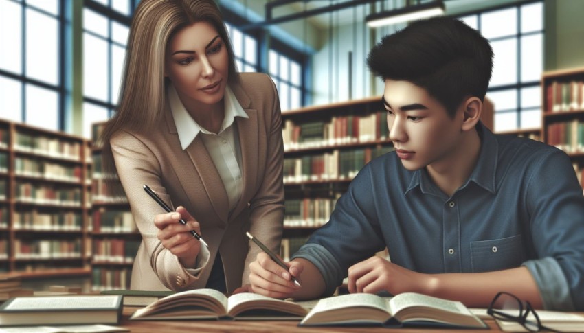 Photograph a tutor assisting a student with homework in a library 3
