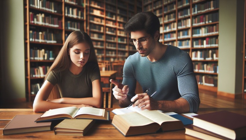 Photograph a tutor assisting a student with homework in a library 2