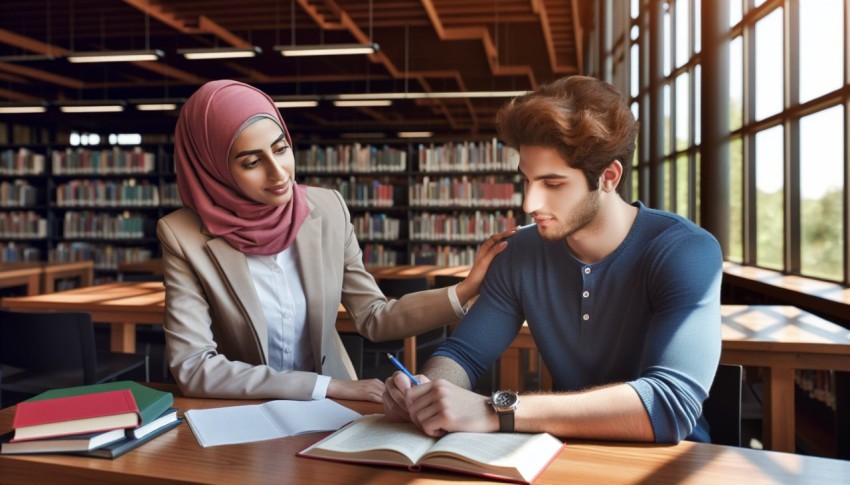 Photograph a tutor assisting a student with homework in a library 1