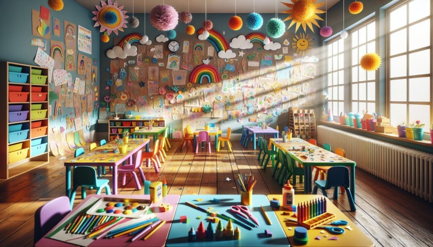 Capture a preschool classroom decorated with children's artwork 8