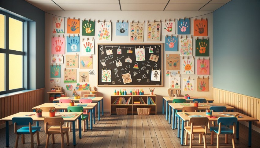 Capture a preschool classroom decorated with children's artwork 7