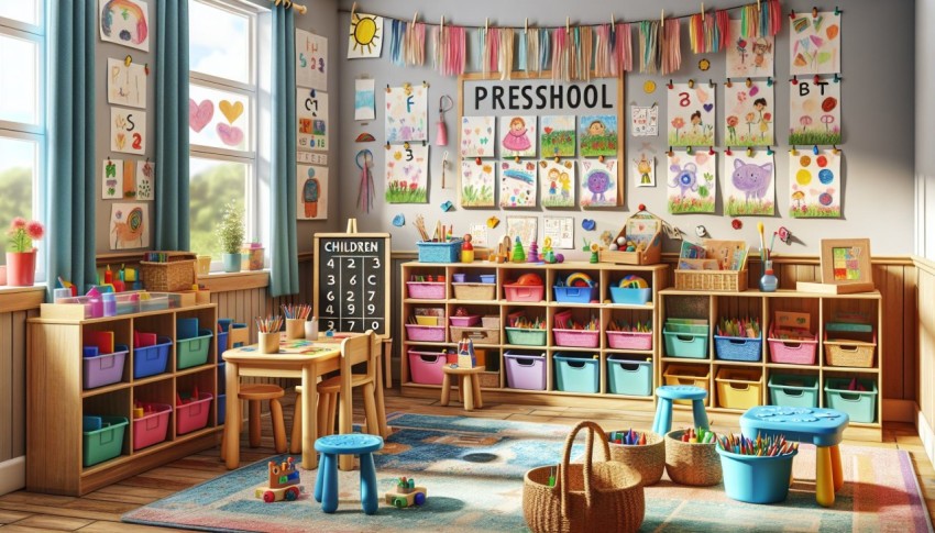 Capture a preschool classroom decorated with children's artwork 6